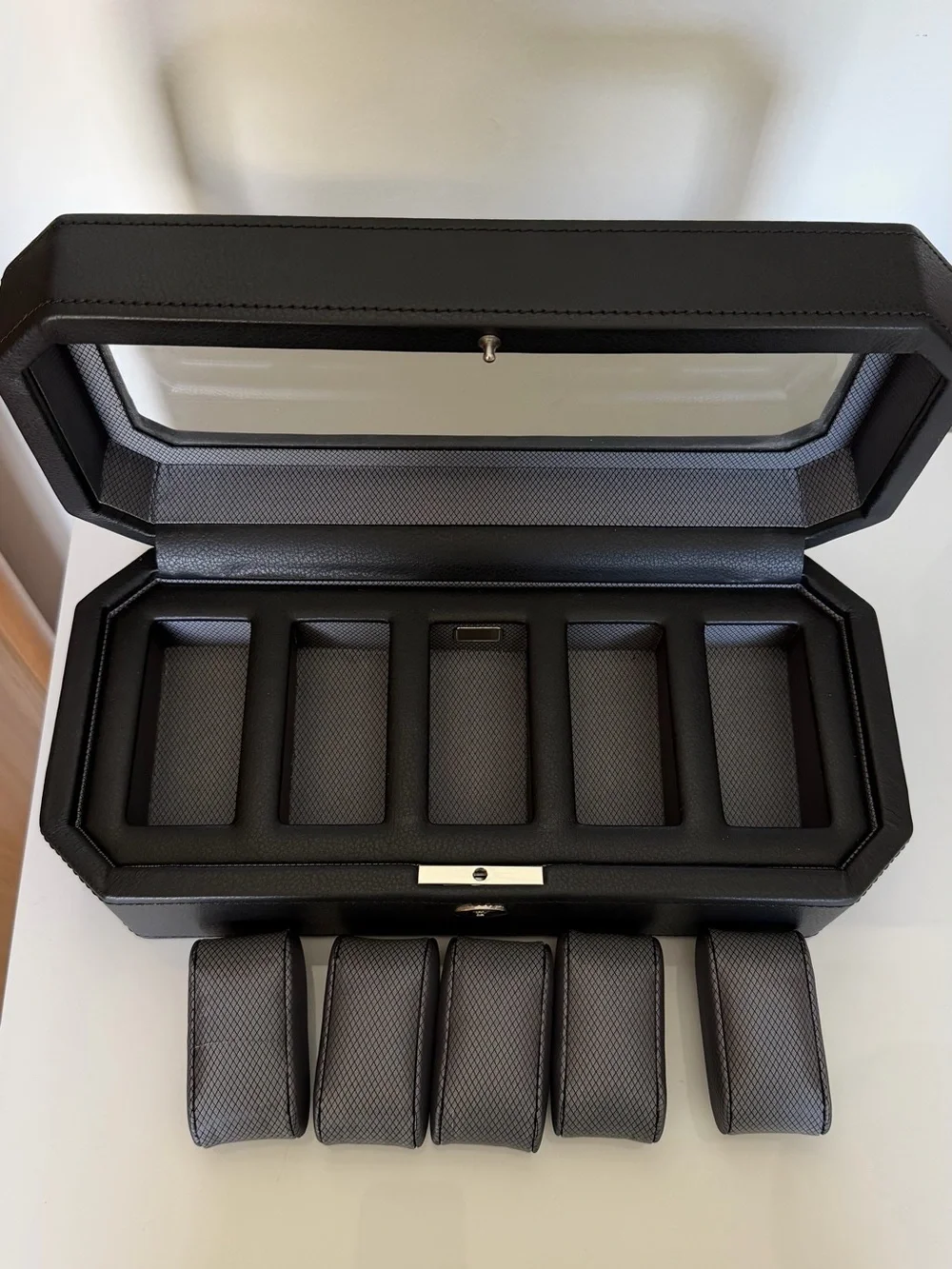 Heritage Wolf Black Windsor Vegan Leather 5 Piece Watch Display Box